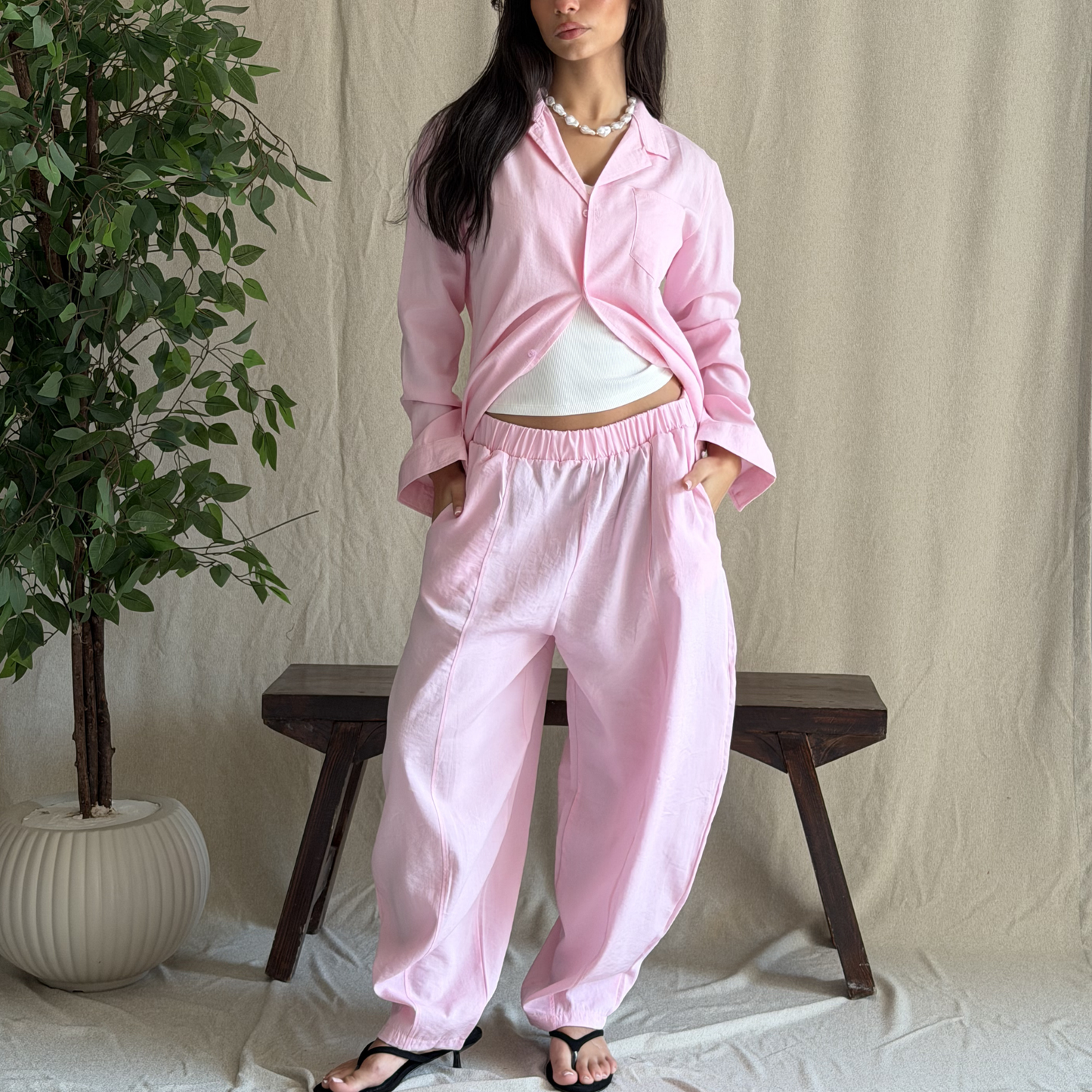 Pink Linen Drawstring Pants