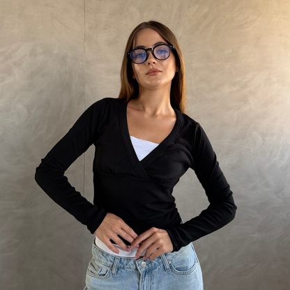 Black Wrap Ribbed Top