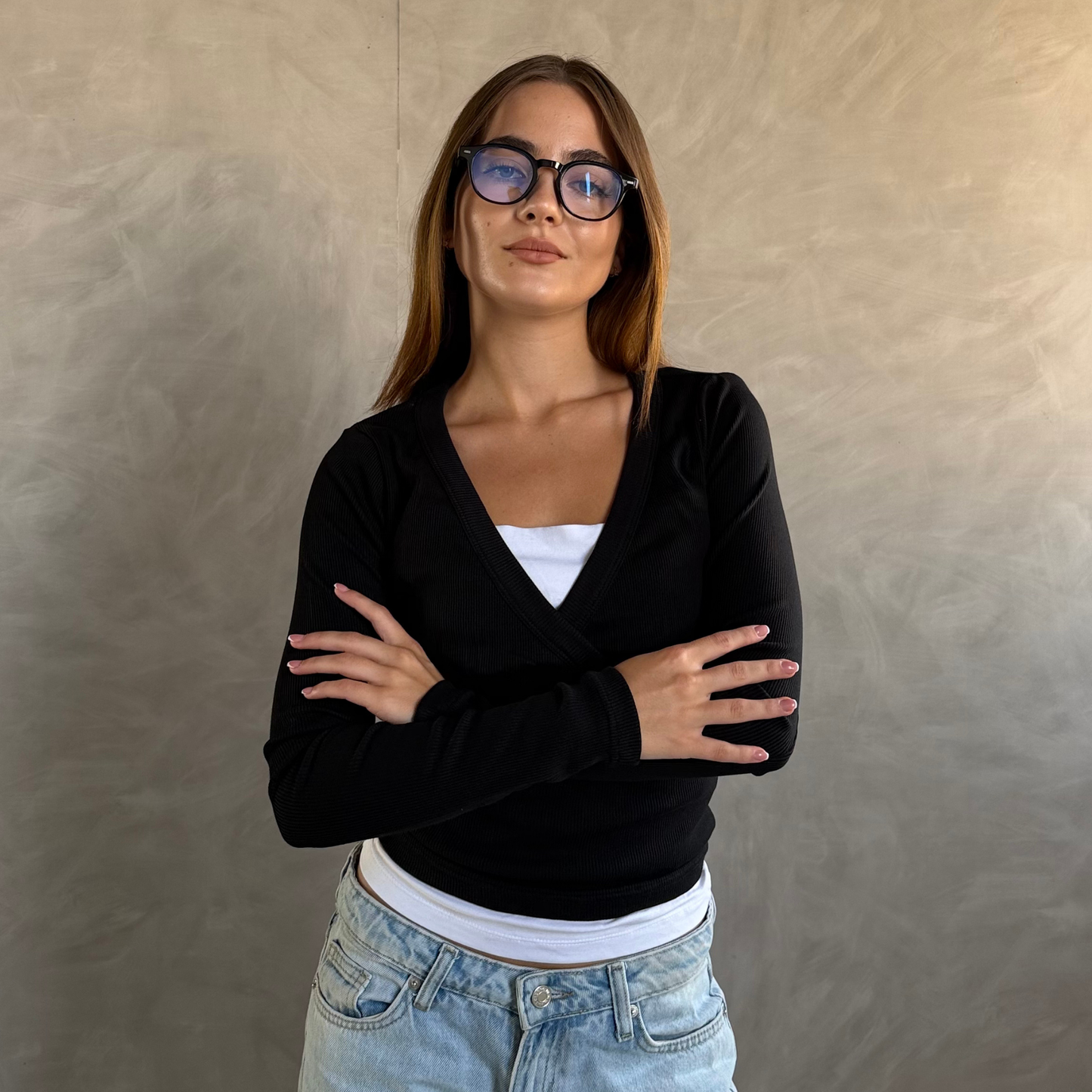 Black Wrap Ribbed Top