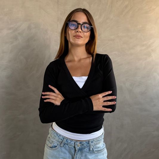 Black Wrap Ribbed Top