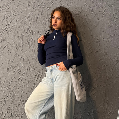 Navy Basic  Zipper  Long sleeve Top
