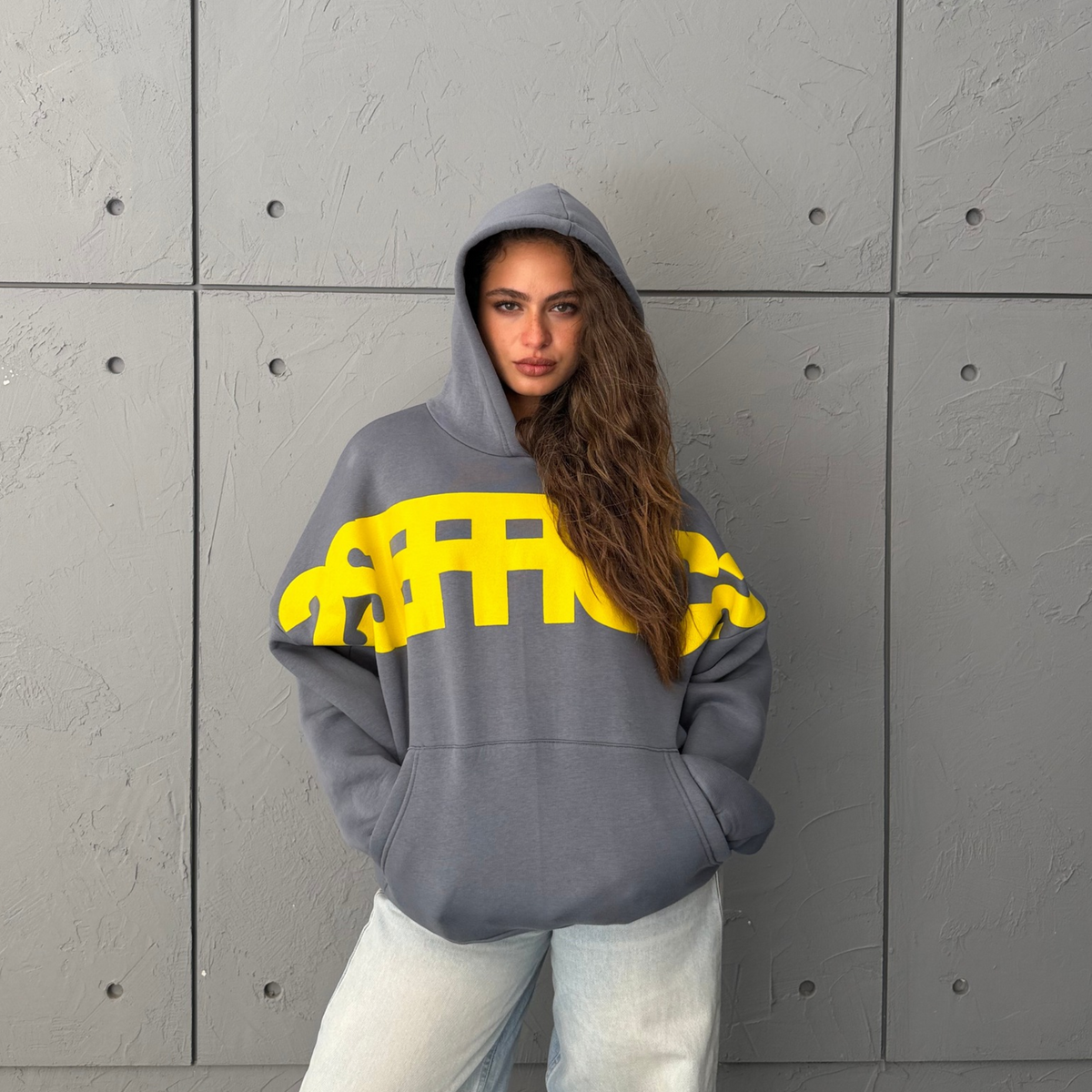 Gray & Yellow Oversized Printed Hoodie