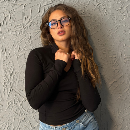 Black Collar Basic Long Sleeve Top