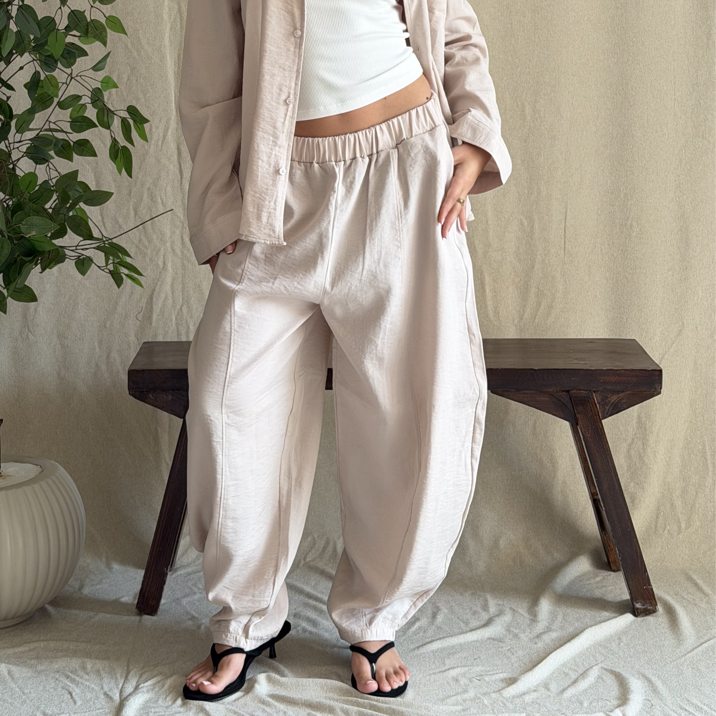 Beige Linen Drawstring pants