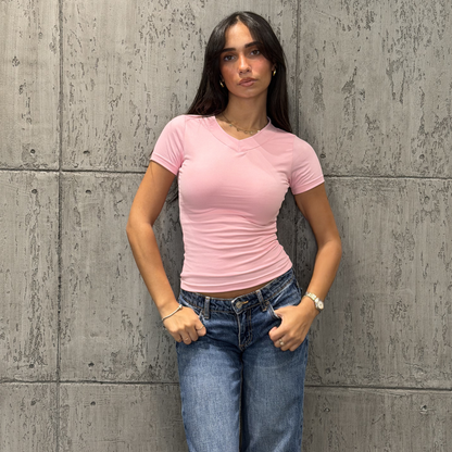 Pink Wide V-Basic top Short sleeve