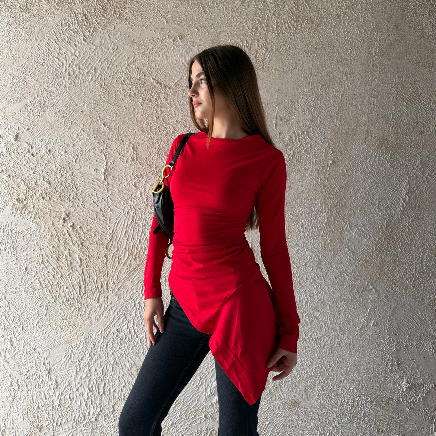 Red Long Sleeves Draped Top