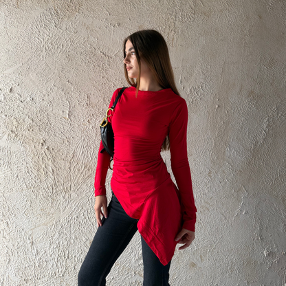 Red Long Sleeves Draped Top