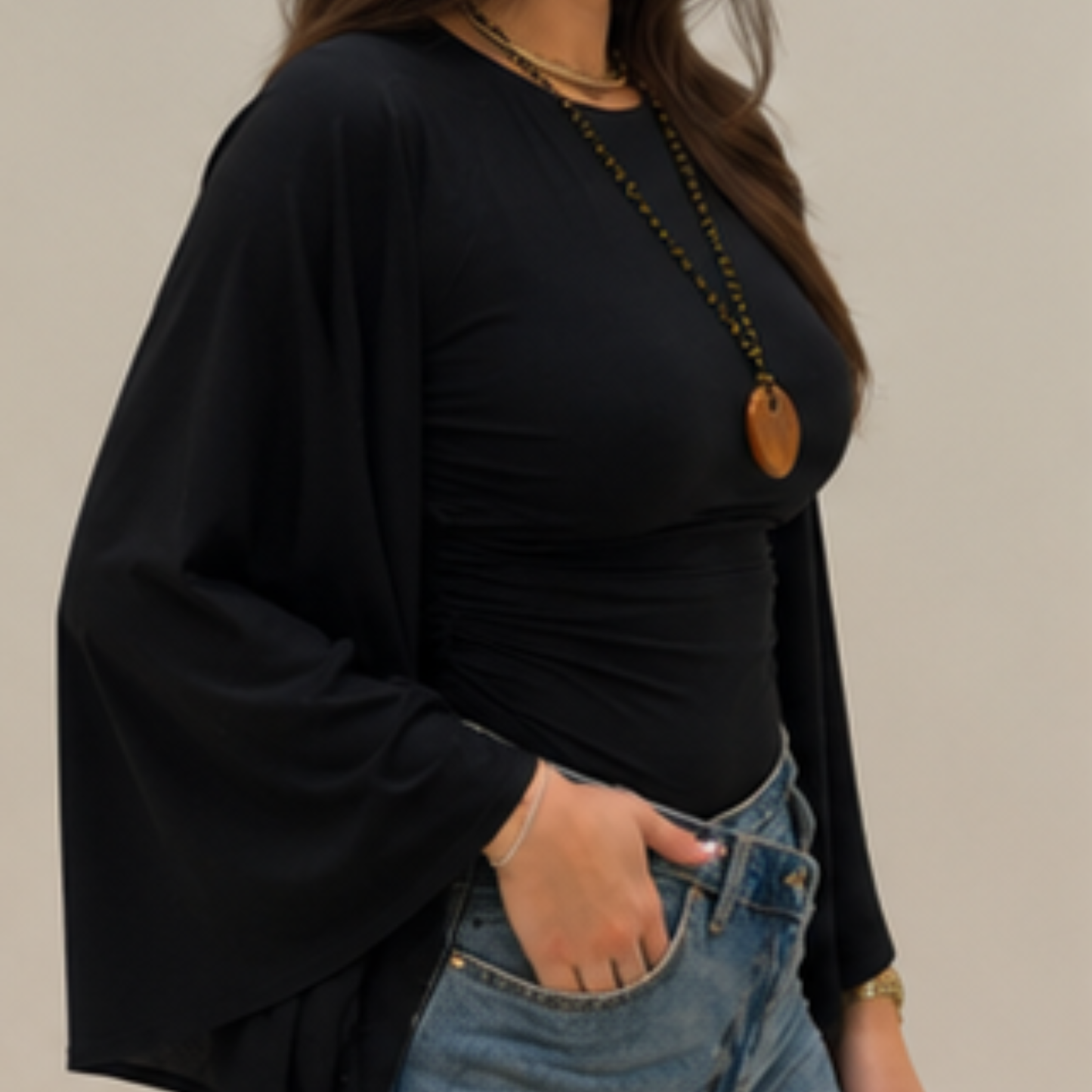 Black Draped Kimono Sleeve Top