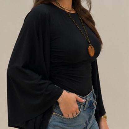 Black Draped Kimono Sleeve Top