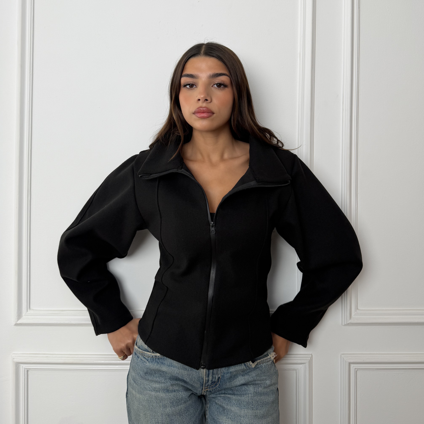 Structured Waist Black Zip Jacket