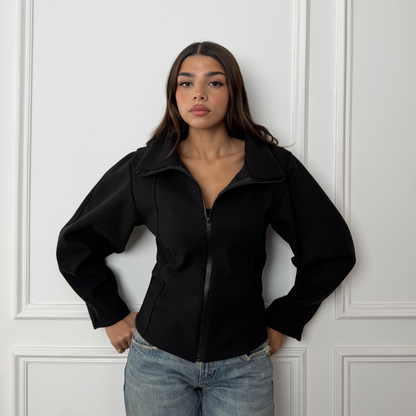 Structured Waist Black Zip Jacket