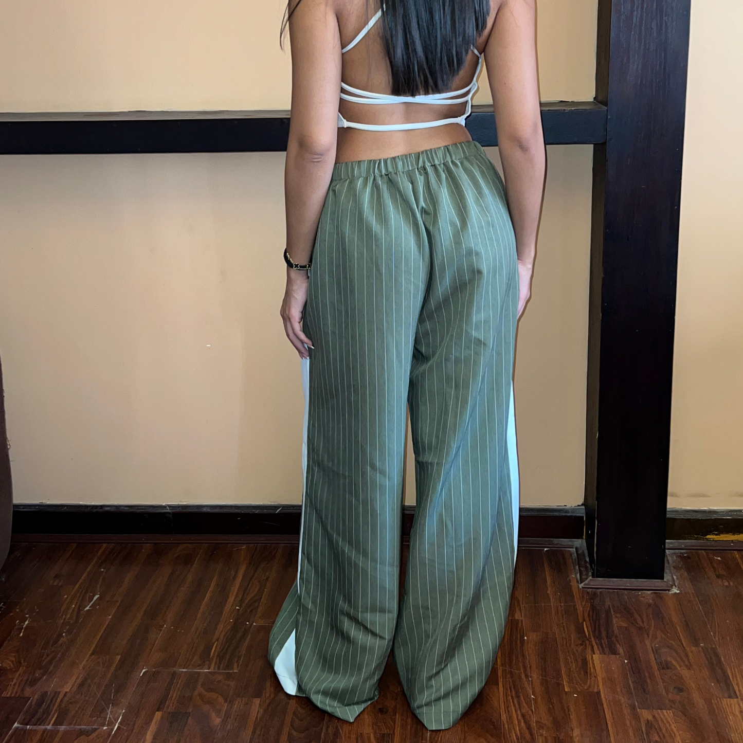 Olive Striped Wide-Leg Drawstring Pants