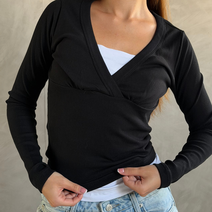 Black Wrap Ribbed Top