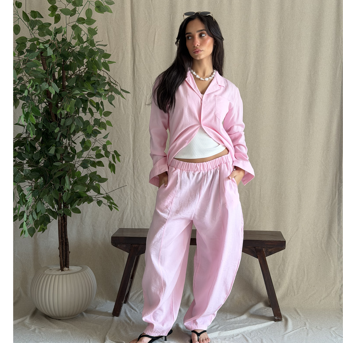 Pink Linen Drawstring Pants