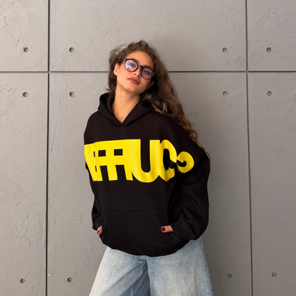 Black & Yellow Oversized Printed Hoodie