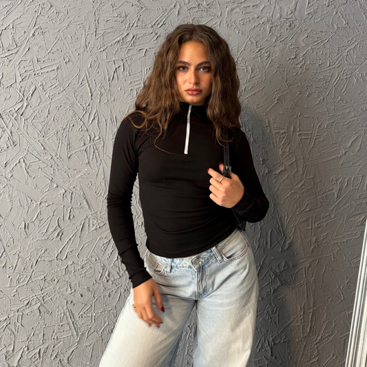 Black Zipper Basic Long Sleeve Top