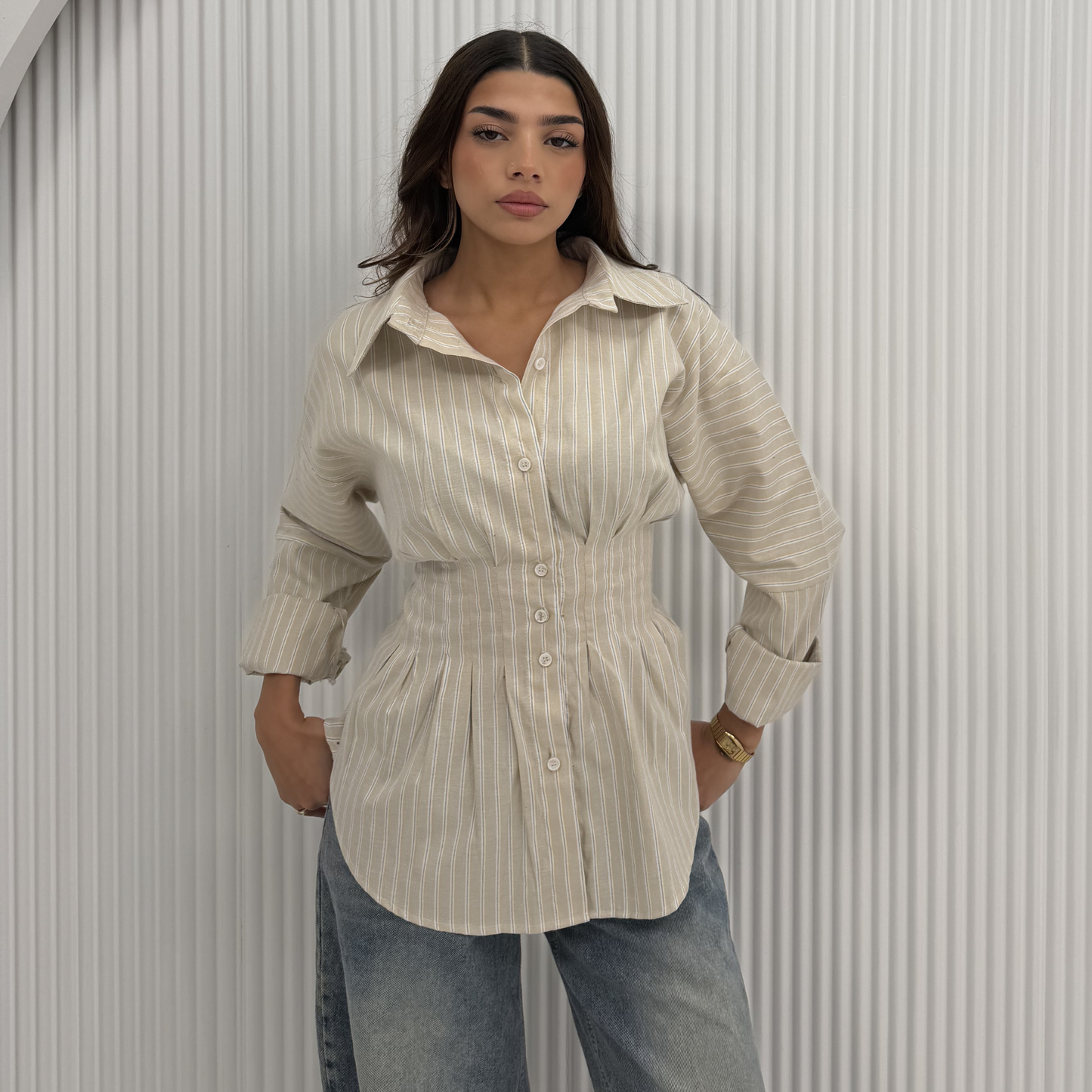 Beige Striped Waist-Shaping Shirt