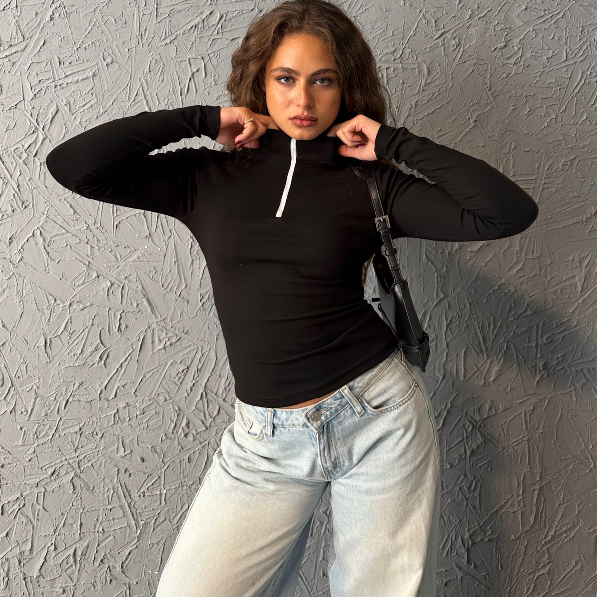 Black Zipper Basic Long Sleeve Top