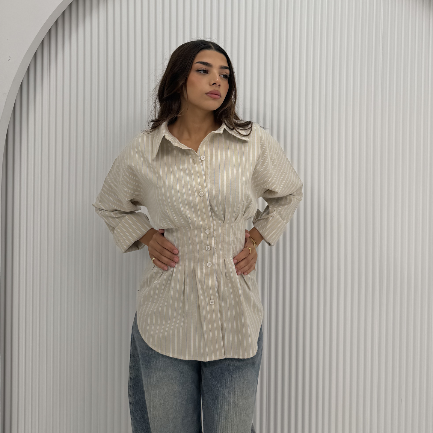 Beige Striped Waist-Shaping Shirt