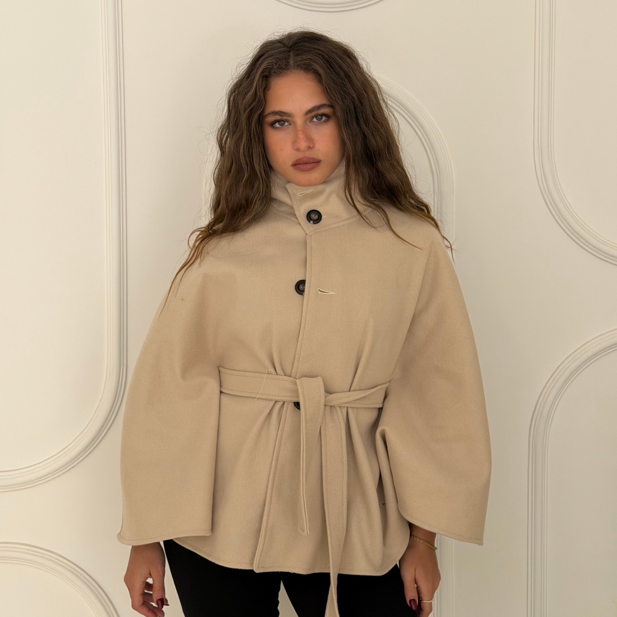 Beige Neck Funnel Belt Cape