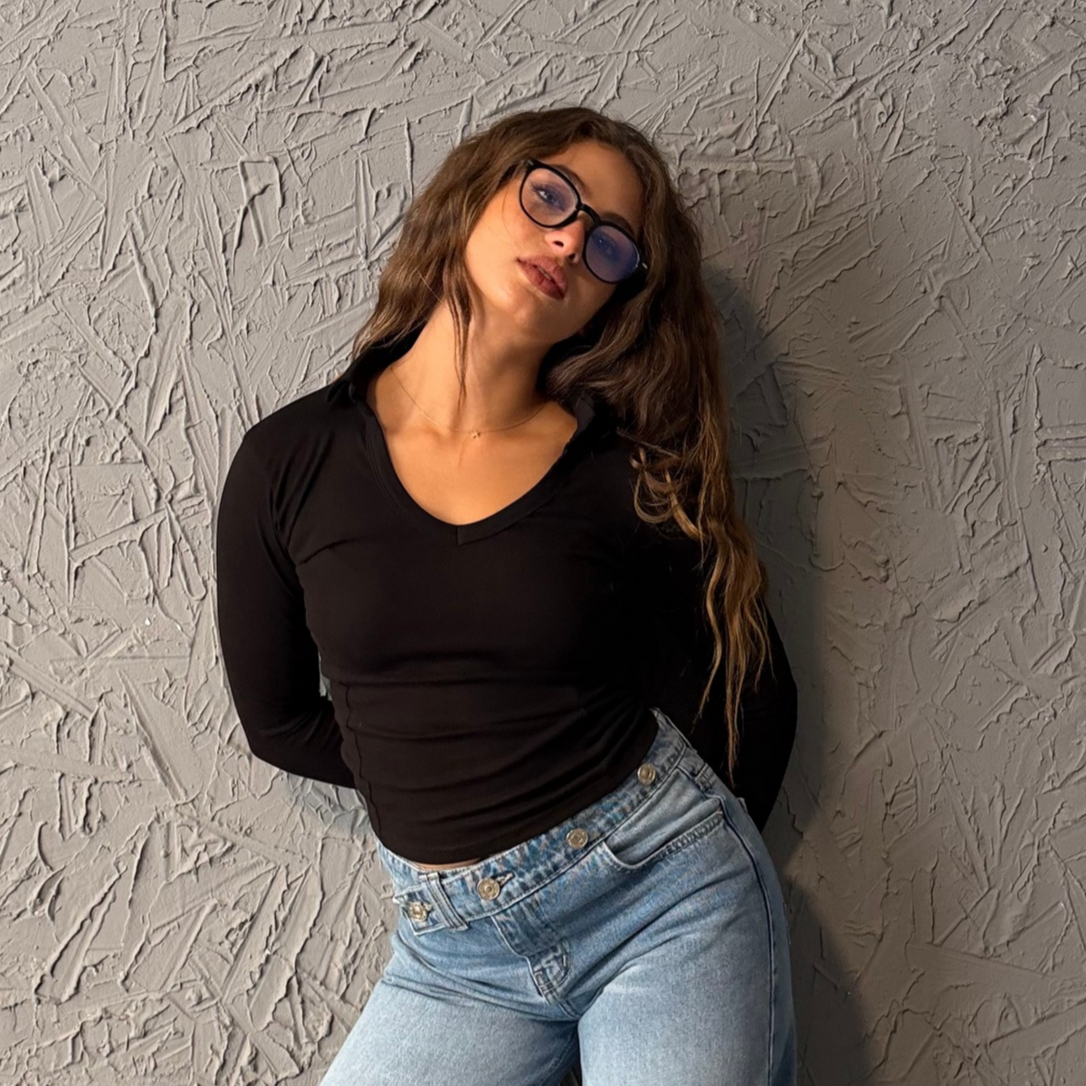 Black Collar Basic Long Sleeve Top