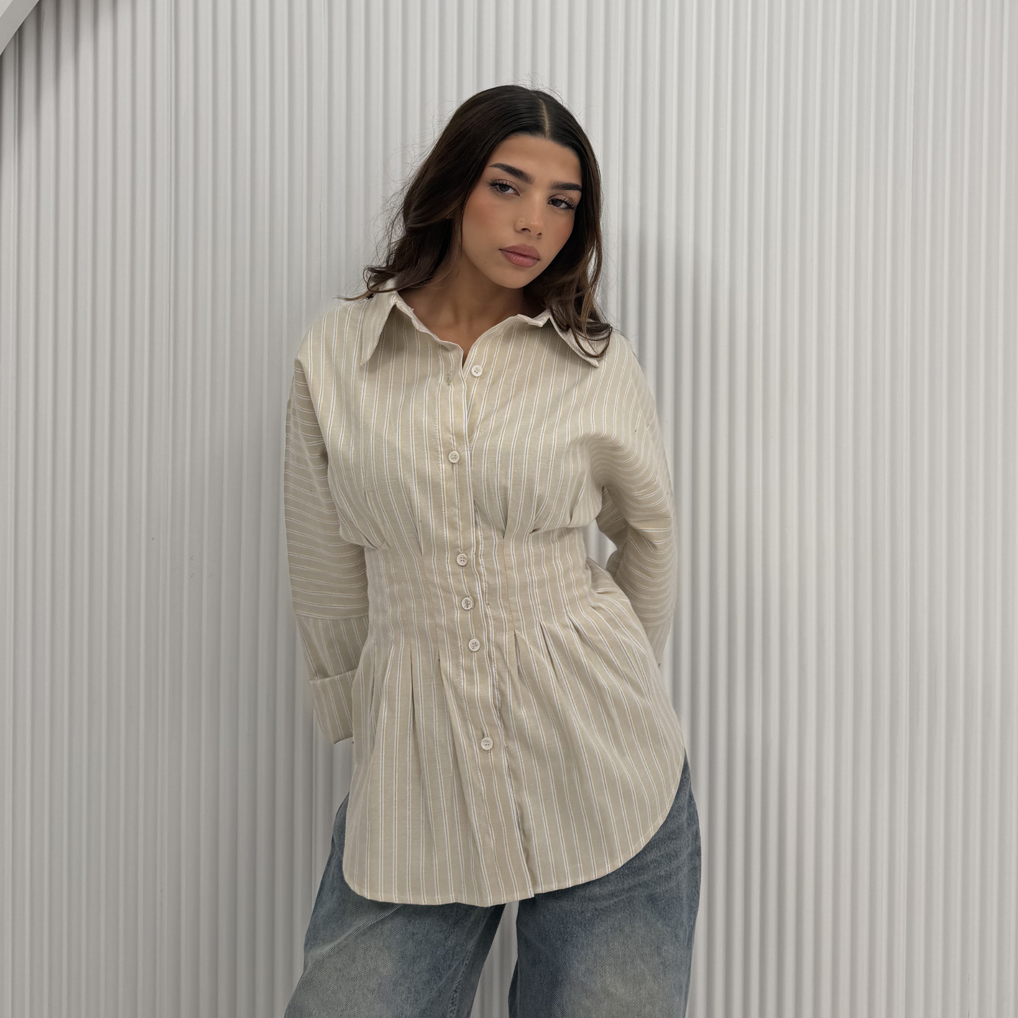 Beige Striped Waist-Shaping Shirt