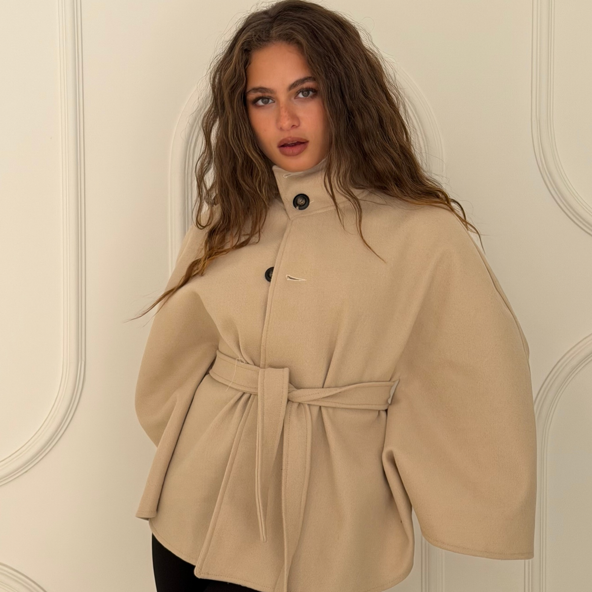 Beige Neck Funnel Belt Cape