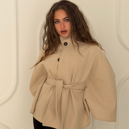 Beige Neck Funnel Belt Cape