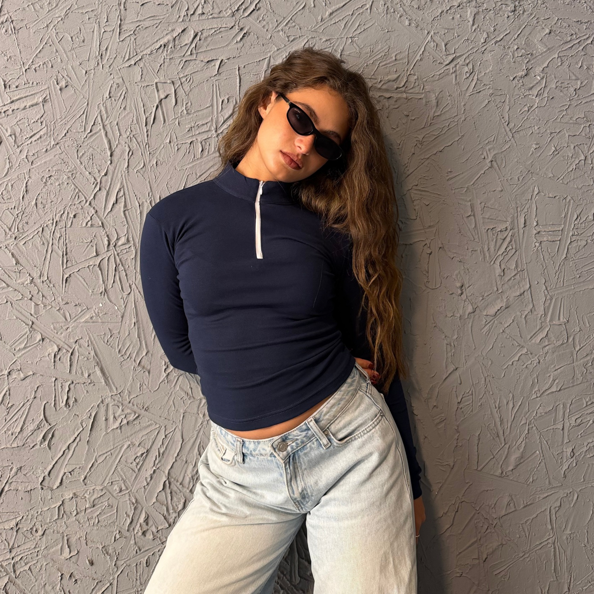 Navy Basic  Zipper  Long sleeve Top