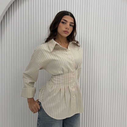 Beige Striped Waist-Shaping Shirt