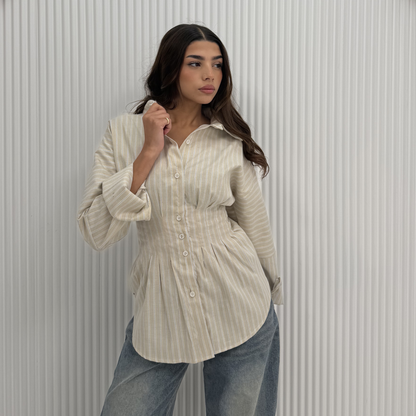 Beige Striped Waist-Shaping Shirt