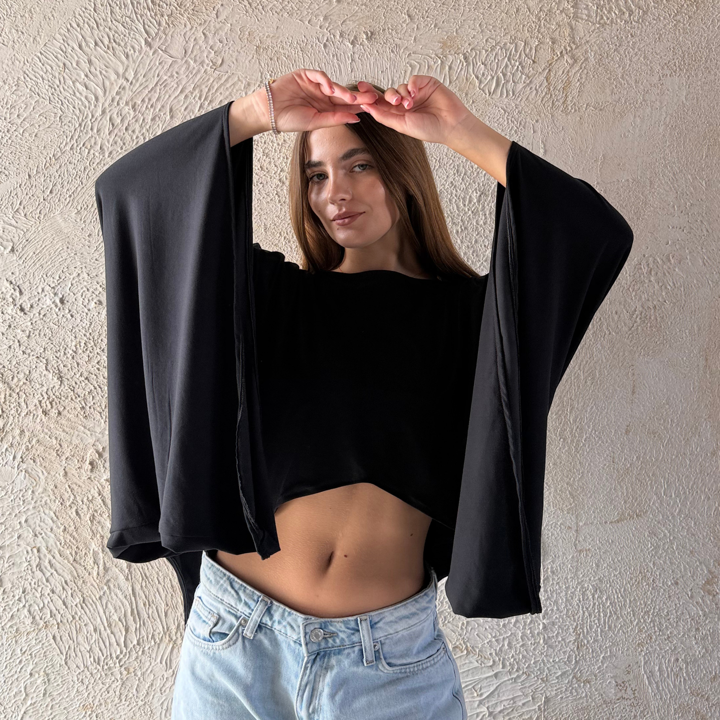 Black Cape-Style Crop Top