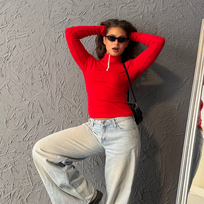 Red Zipper Basic Long Sleeves Top