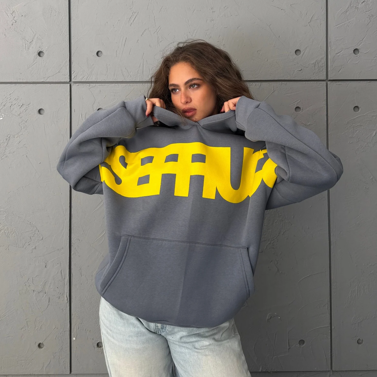 Gray & Yellow Oversized Printed Hoodie