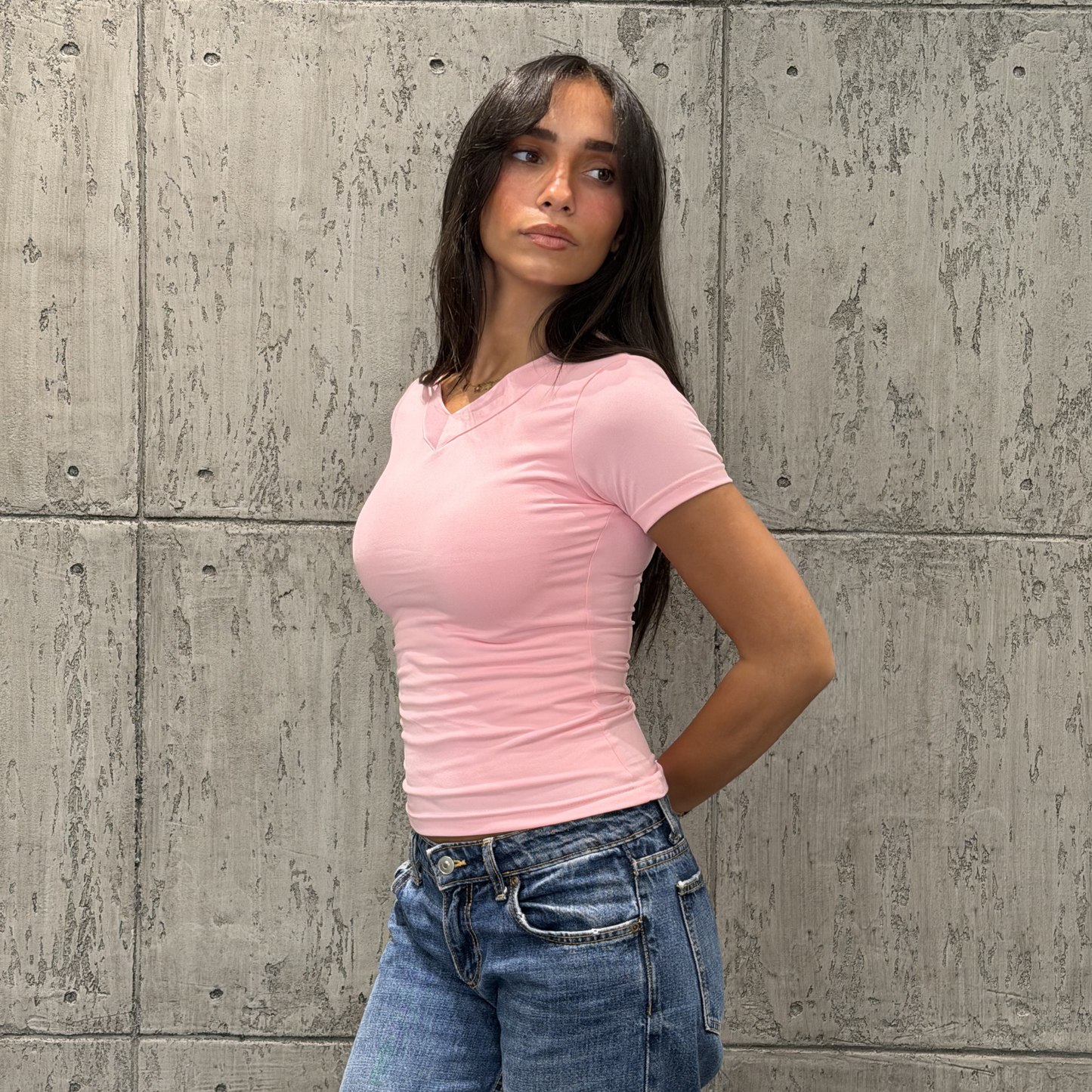 Pink Wide V-Basic top Short sleeve