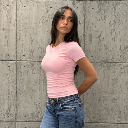 Pink Wide V-Basic top Short sleeve