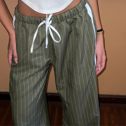 Olive Striped Wide-Leg Drawstring Pants