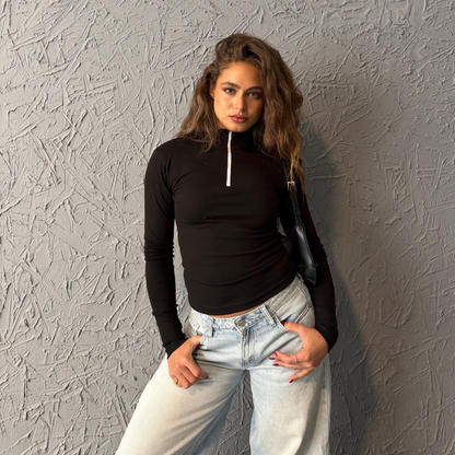 Black Zipper Basic Long Sleeve Top