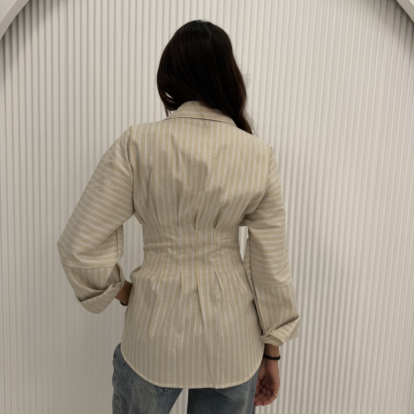 Beige Striped Waist-Shaping Shirt