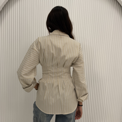 Beige Striped Waist-Shaping Shirt
