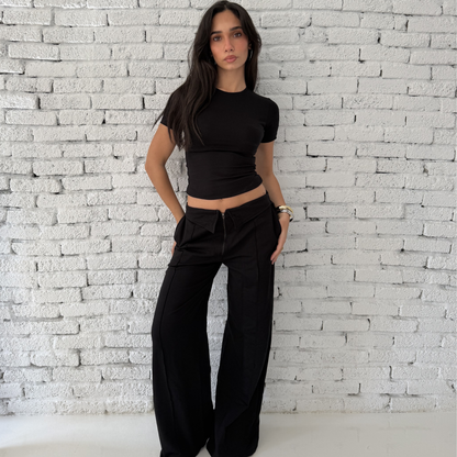 black low-rise wide-leg pants