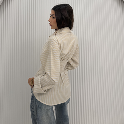 Beige Striped Waist-Shaping Shirt