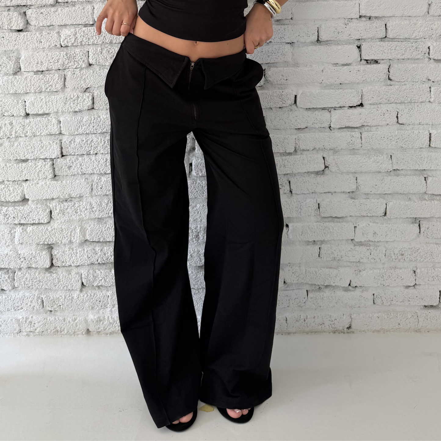 black low-rise wide-leg pants