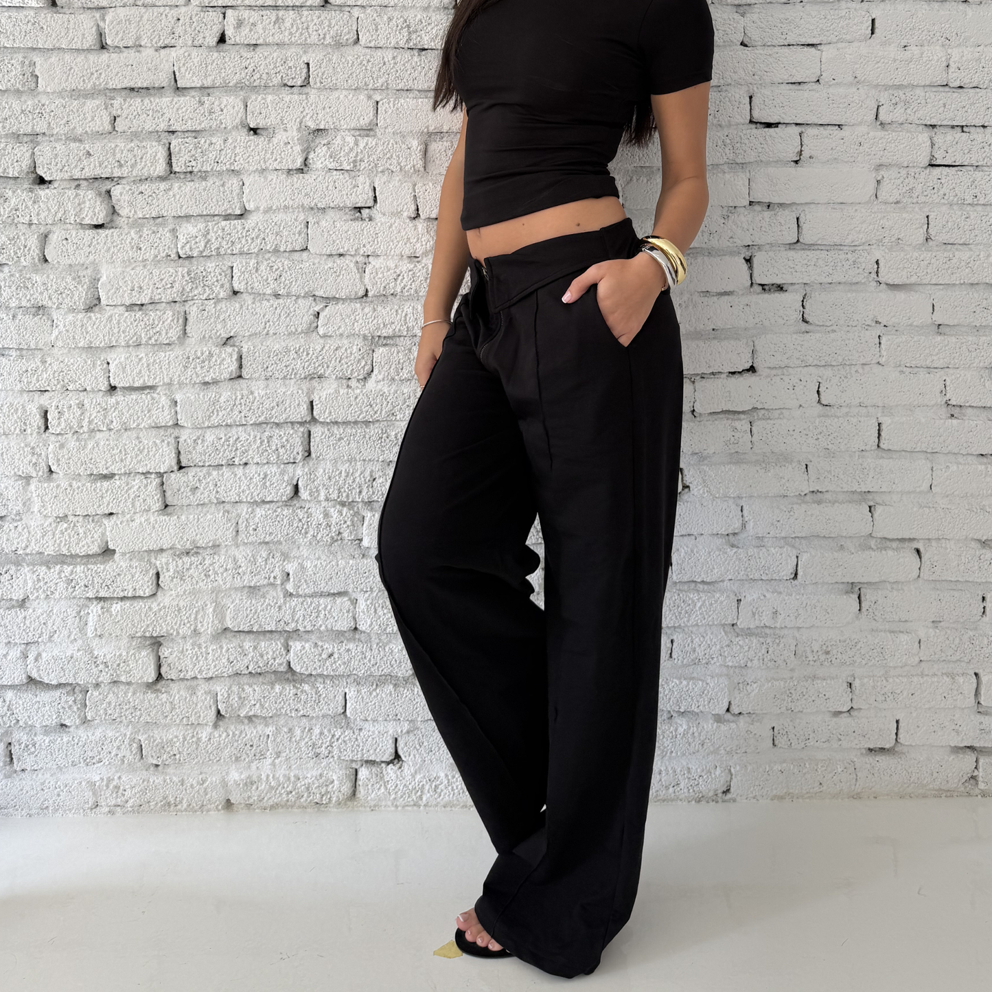 black low-rise wide-leg pants