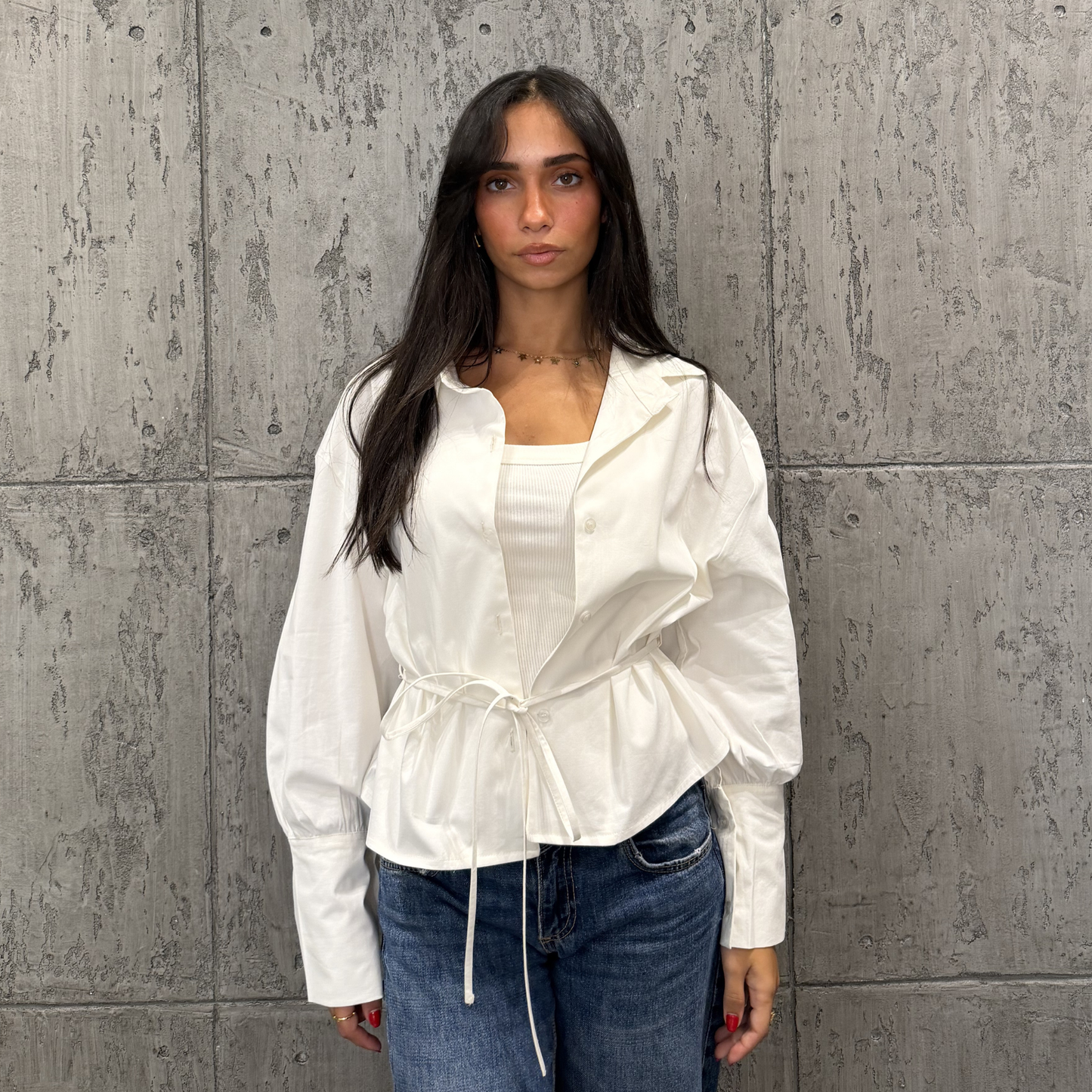 White Waist-Tie Button-Up Blouse