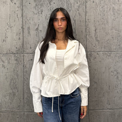 White Waist-Tie Button-Up Blouse