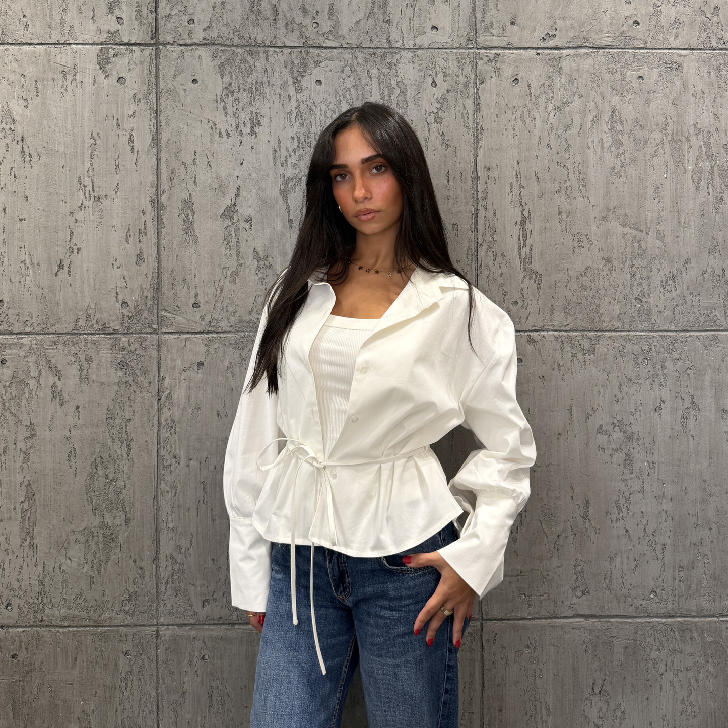 White Waist-Tie Button-Up Blouse