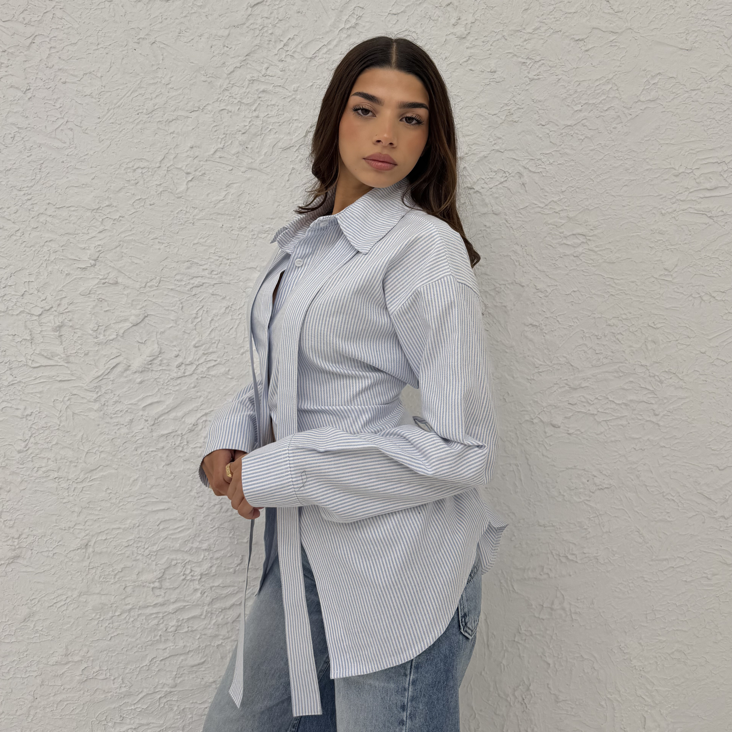 Blue Pinstripe shirt with long panels tie