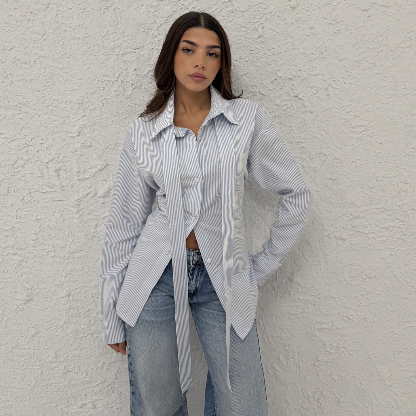 Blue Pinstripe shirt with long panels tie