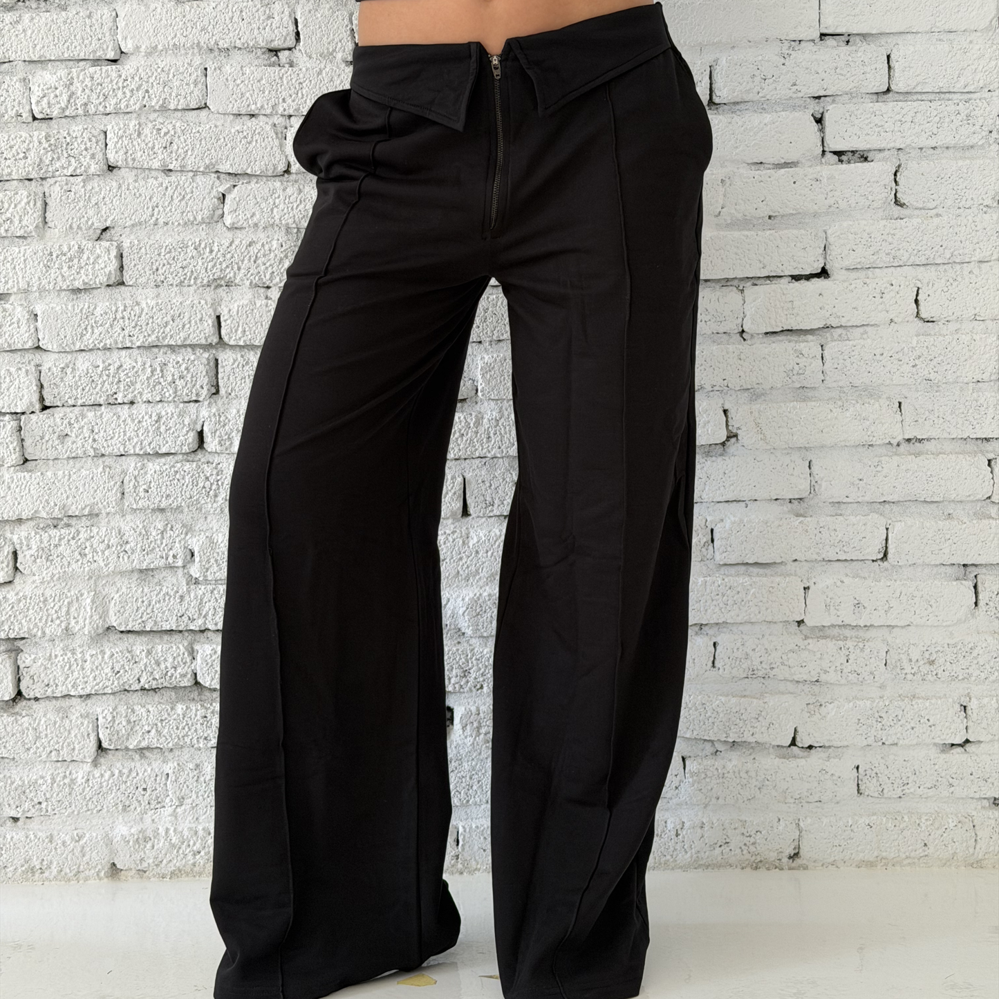 black low-rise wide-leg pants